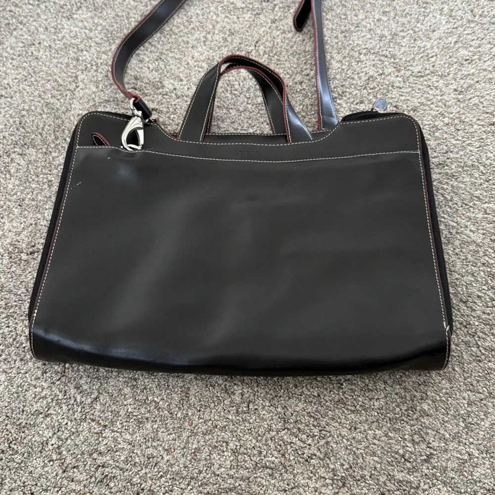 Lodis Black Leather and Red Stitching Laptop Bag with Shoulder Strap